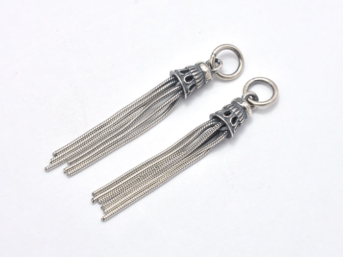1pcs 925 Sterling Silver Charm-Antique Silver, Tassel Charm/Pendant, 5x32mm-BeadBasic