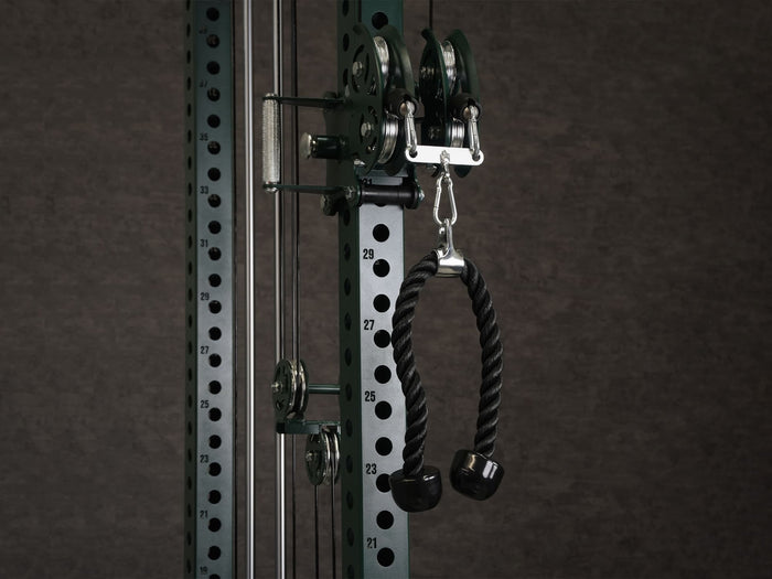 Gym Plus 2 to 1 Cable Adapter 2-1-ADAPTER cable adapter used with Tricep Rope cable attachment on a rack