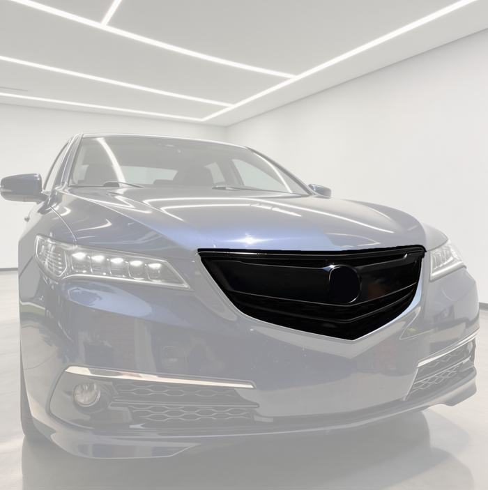 SuperAutoUSA gloss black front bumper grille installed on a 2015 Acura TLX