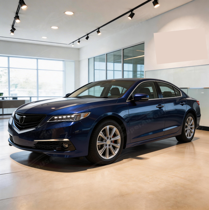 Full 3/4 view of a 2016 Acura TLX featuring the SuperAutoUSA gloss black grille upgrade