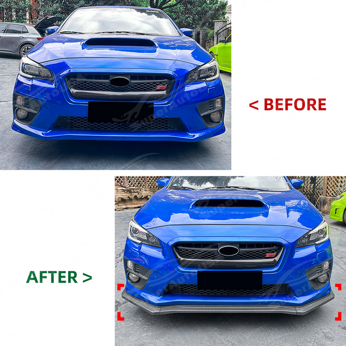 The completed "mean" front-end aesthetic of a Subaru VA featuring a JDM style lip and matching grille