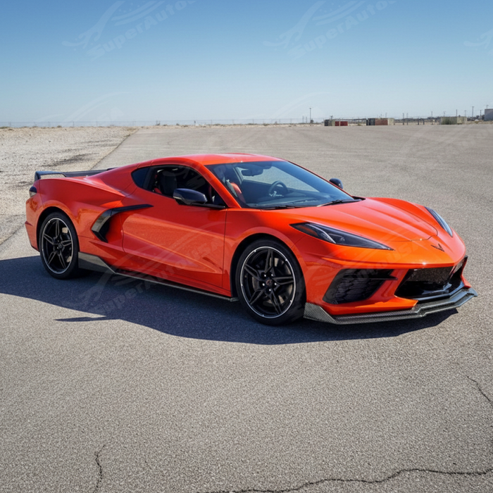 Uninstalled pair of Z51 performance style carbon fiber print side body skirts