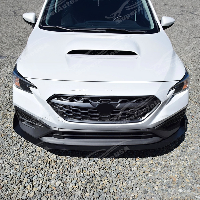 Close-up of the aluminum front lip splitter's design on WRX VB