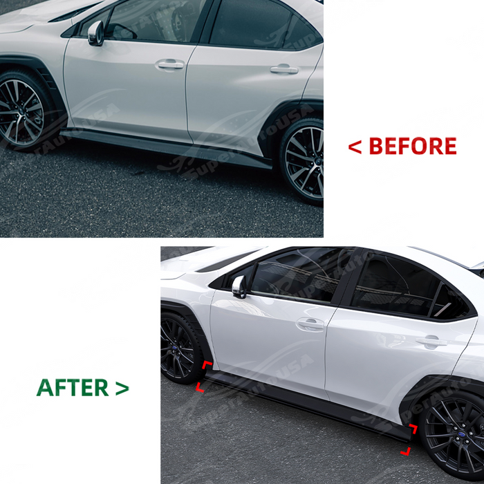Visual comparison of the stock VB rocker panel vs. the aggressive STI style side extension upgrade