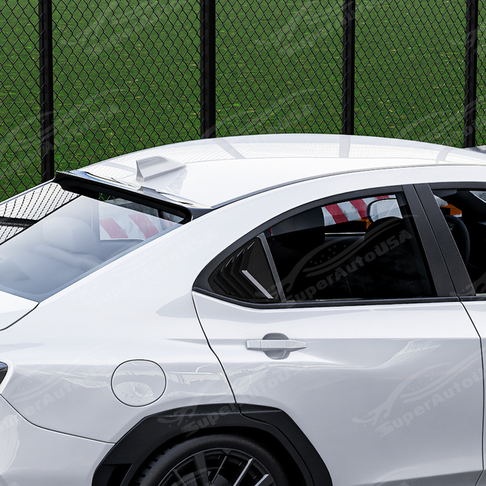Direct side profile of the gloss black rear quarter window louvers for 2022-2026 Subaru WRX