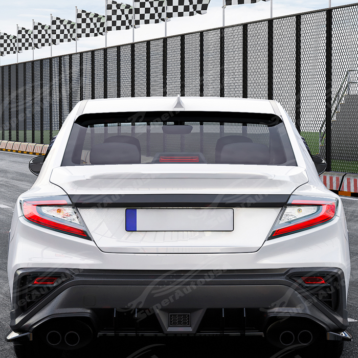 Aggressive carbon print rear window spoiler installed on a 2023 Subaru WRX VB