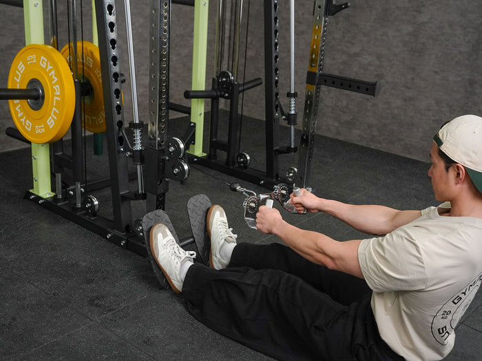 Gym Plus 360° Adjustable Angle Cable Handle Attachment Set a man performing cable row in Icon All-in-one Functional Trainer