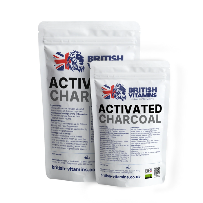 British Vitamins Activated Charcoal food supplement capsules in resealable white pouches