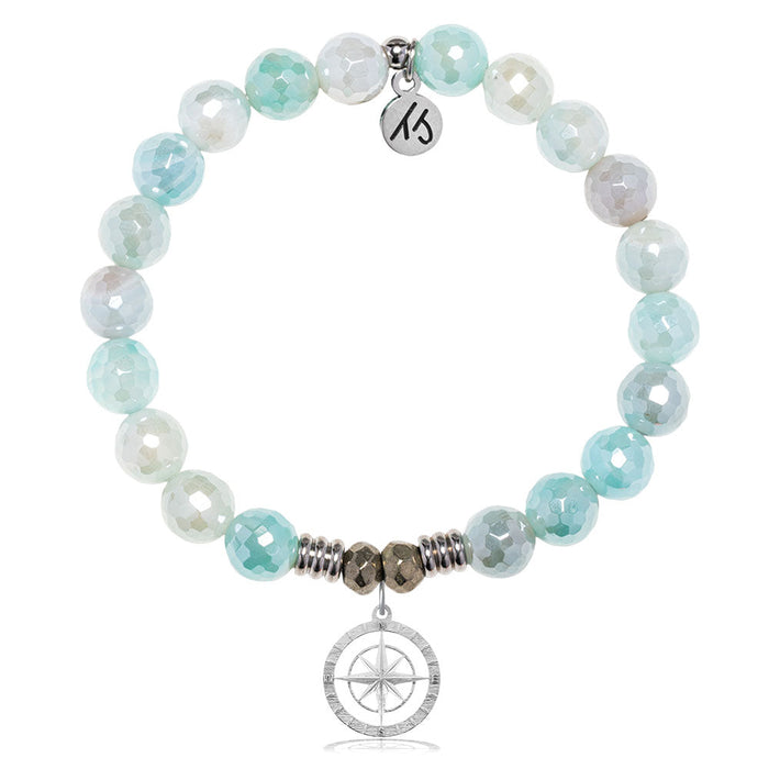 Aqua Agate Gemstone Bracelet with Compass Rose Sterling Silver Charm