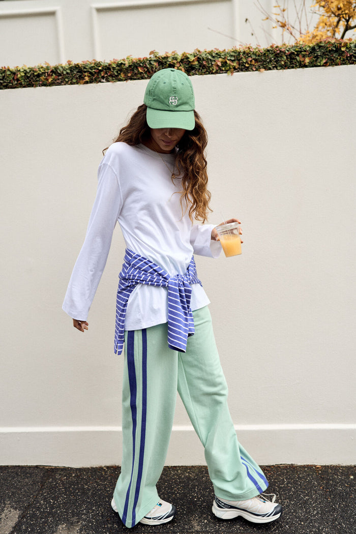Ceres Life - Gigi Wide Leg Terry Trackpant - Seafoam/Polo Blue Side Stripe