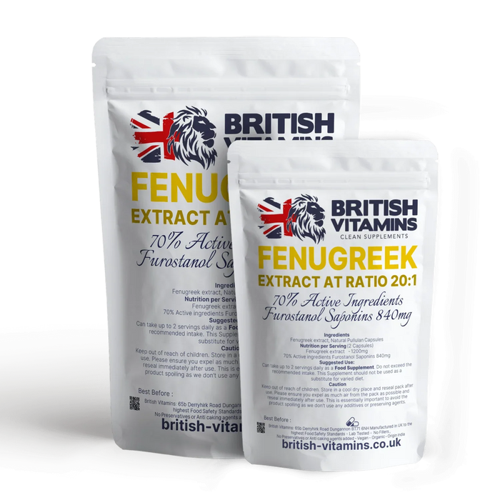 British Vitamins Fenugreek Extract 20:1 food supplement capsules in white resealable pouches from health supplements collection