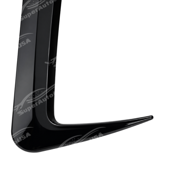 Close-up view showing the mirror-finish gloss black clear coat on the SuperAutoUSA front bumper canards