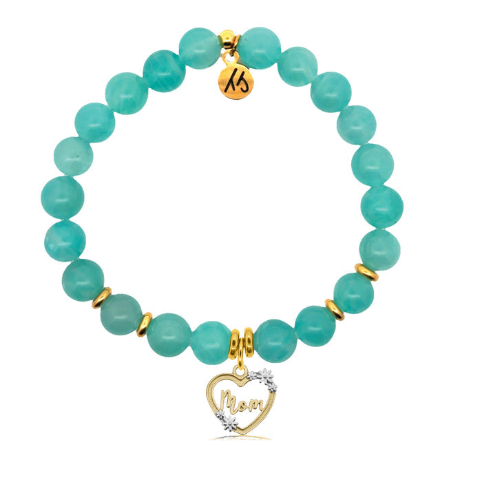 Gold Charm Collection - Aqua Amazonite Gemstone Bracelet with Mom Heart Gold Charm