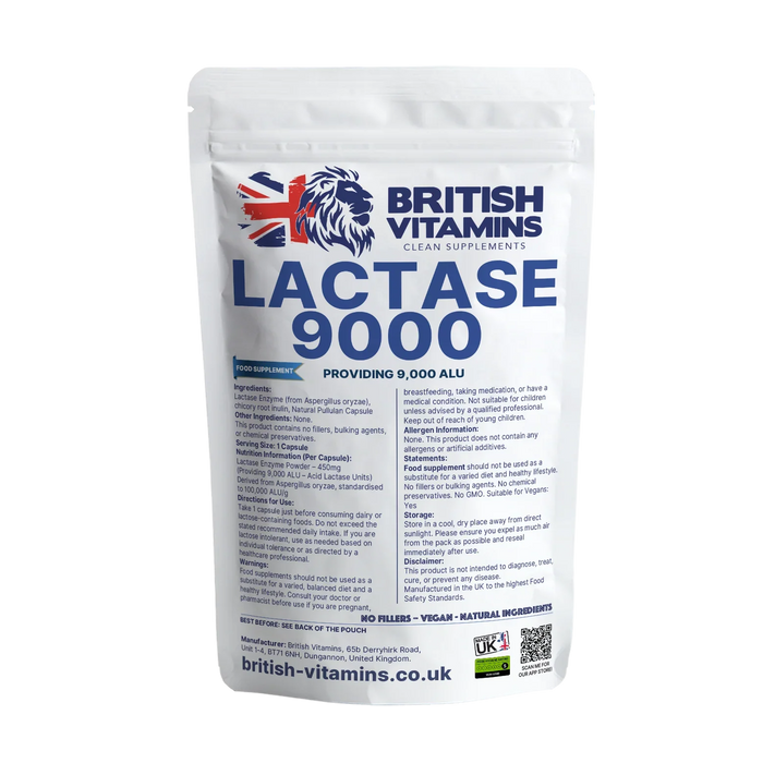 British Vitamins Lactase 9000 capsules food supplement bag providing 9,000 ALU enzyme