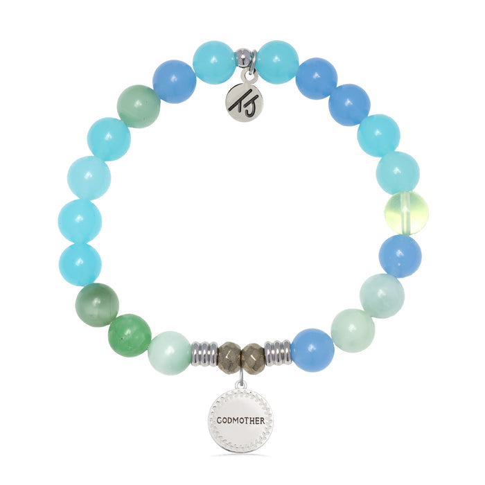 Multi Blue Jade Gemstone Bracelet with Endless Love Godmother Sterling Silver Charm
