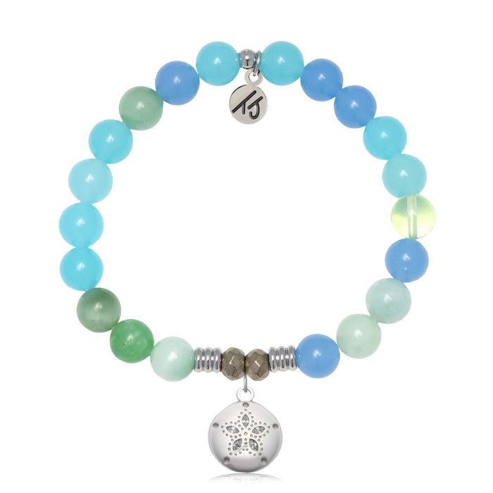 Multi Blue Jade Gemstone Bracelet with Sand Dollar CZ Sterling Silver Charm