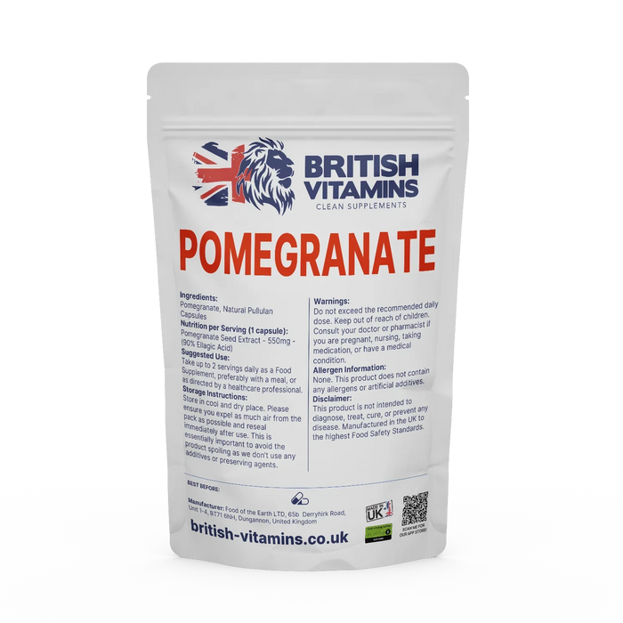 British Vitamins Pomegranate Seed Extract capsules food supplement package, clean supplements collection