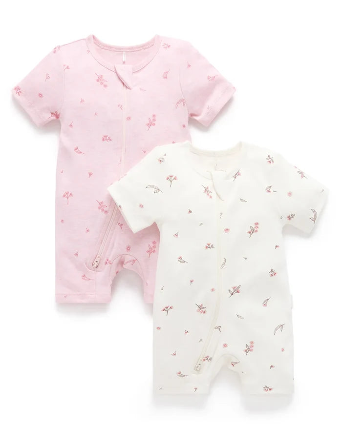 Purebaby - 2 Pack Short Zip Growsuit - Pale Pink Blossom Pack