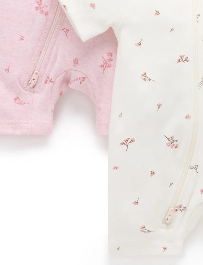 Purebaby - 2 Pack Short Zip Growsuit - Pale Pink Blossom Pack
