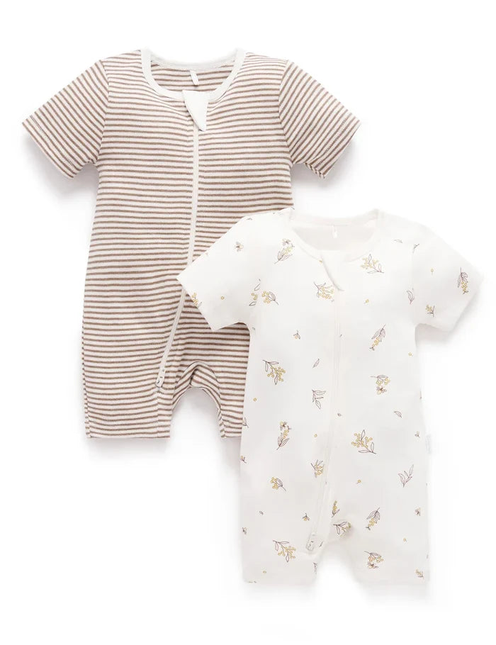Purebaby - 2 Pack Short Zip Growsuit - Vanilla Wattle Bee Pack