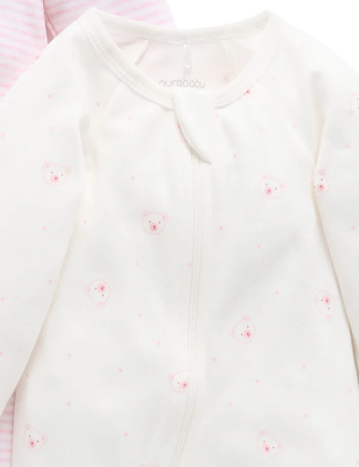 Purebaby - 2 Pack Zip Growsuit - Pale Pink Bear