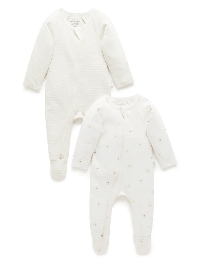 Purebaby - 2 Pack Zip Growsuit - Vanilla Bear