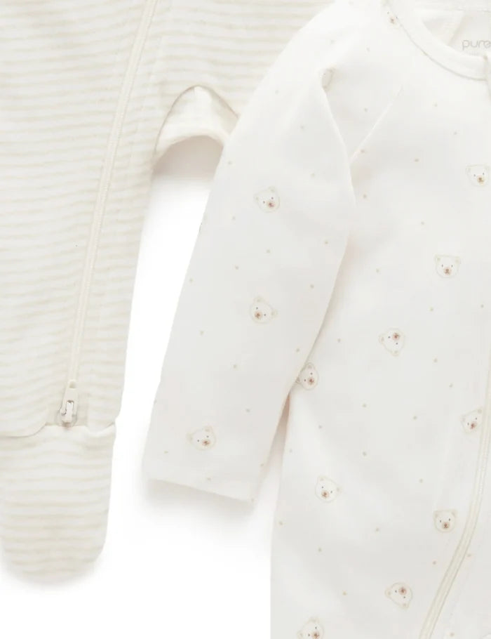 Purebaby - 2 Pack Zip Growsuit - Vanilla Bear