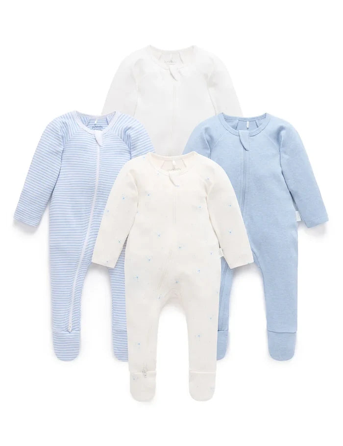 Purebaby - 4 Pack Zip Growsuit - Pale Blue Bear