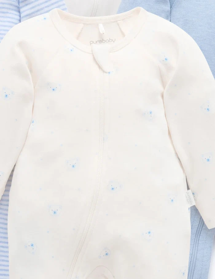 Purebaby - 4 Pack Zip Growsuit - Pale Blue Bear