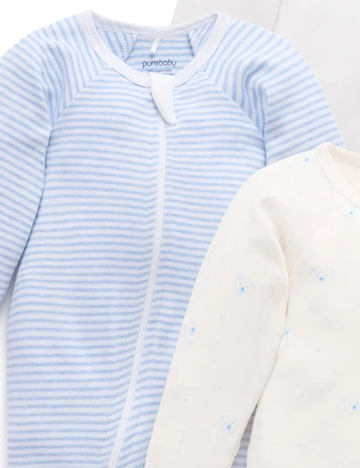 Purebaby - 4 Pack Zip Growsuit - Pale Blue Bear