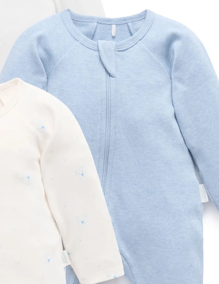 Purebaby - 4 Pack Zip Growsuit - Pale Blue Bear