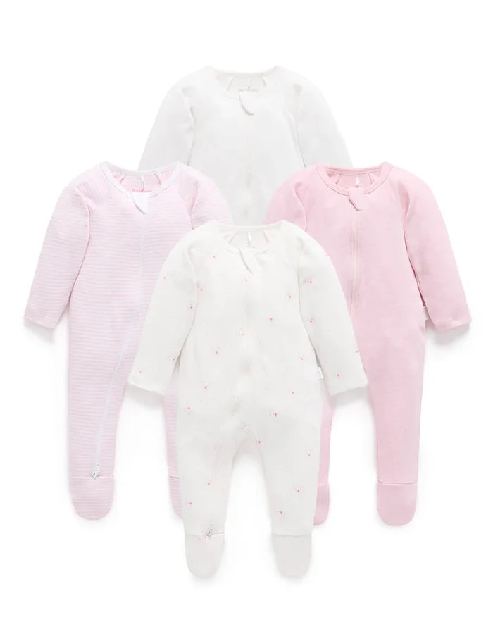 Purebaby - 4 Pack Zip Growsuit - Pink Bear