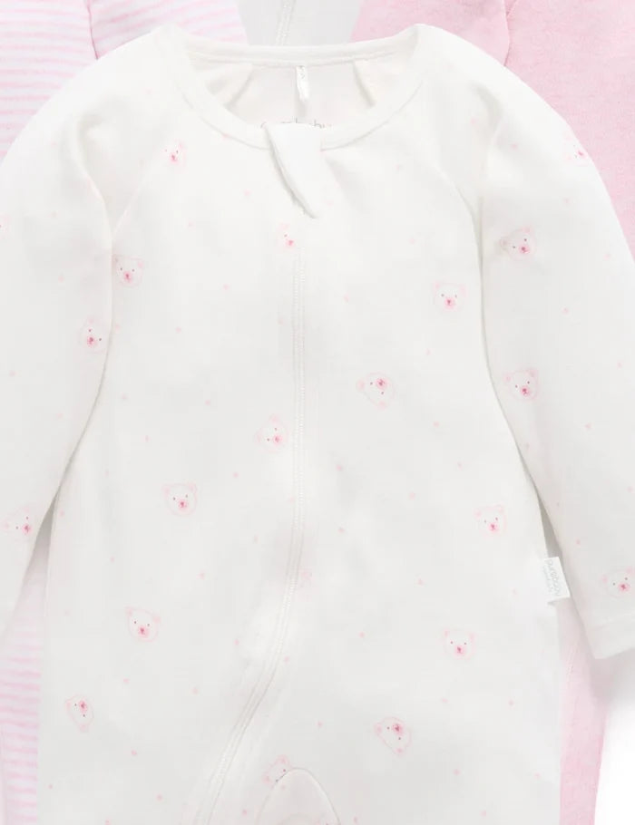 Purebaby - 4 Pack Zip Growsuit - Pink Bear