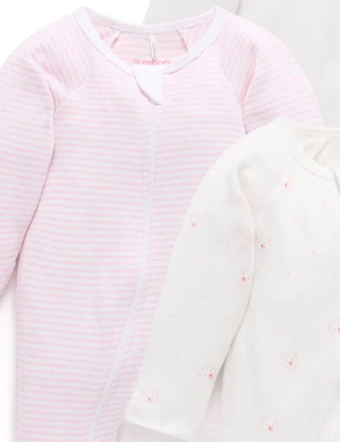 Purebaby - 4 Pack Zip Growsuit - Pink Bear