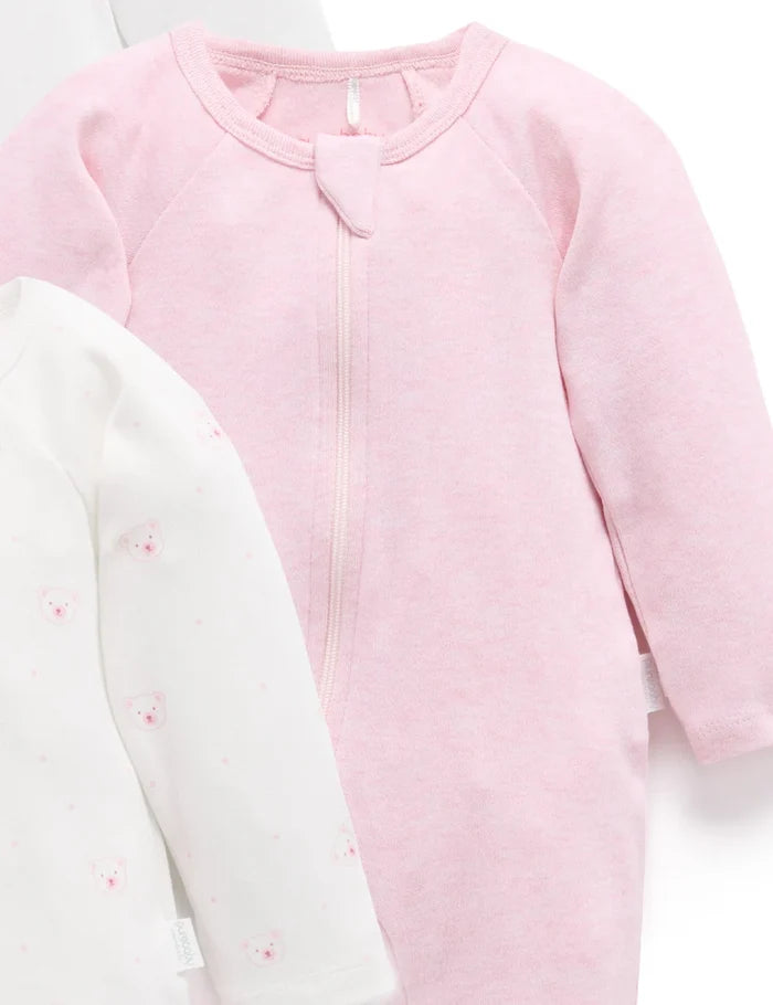 Purebaby - 4 Pack Zip Growsuit - Pink Bear