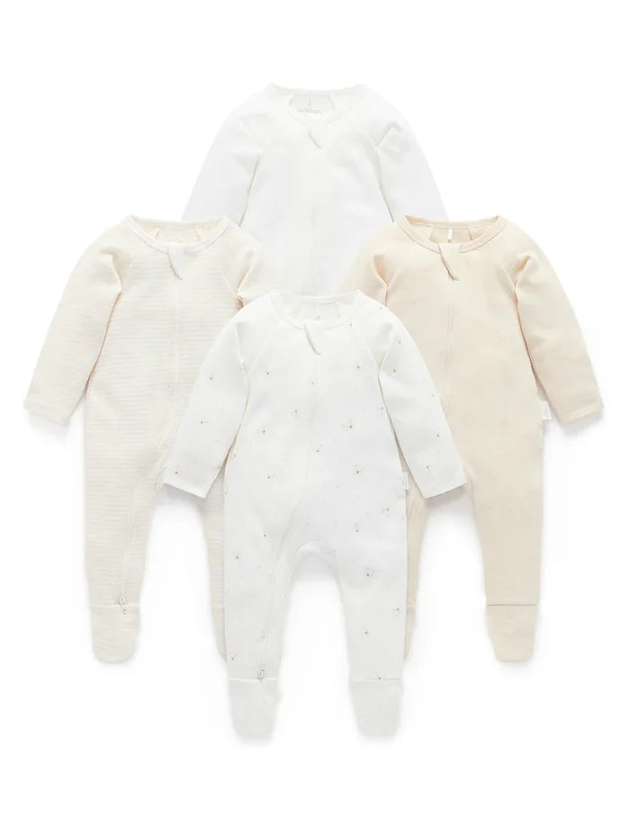Purebaby - 4 Pack Zip Growsuit - Vanilla Bear Pack