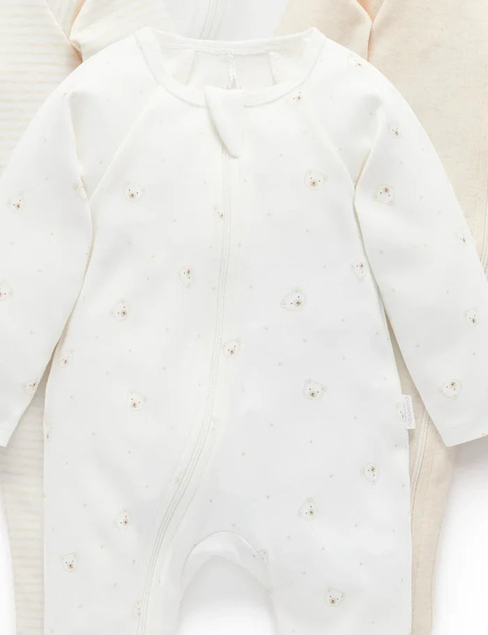 Purebaby - 4 Pack Zip Growsuit - Vanilla Bear Pack