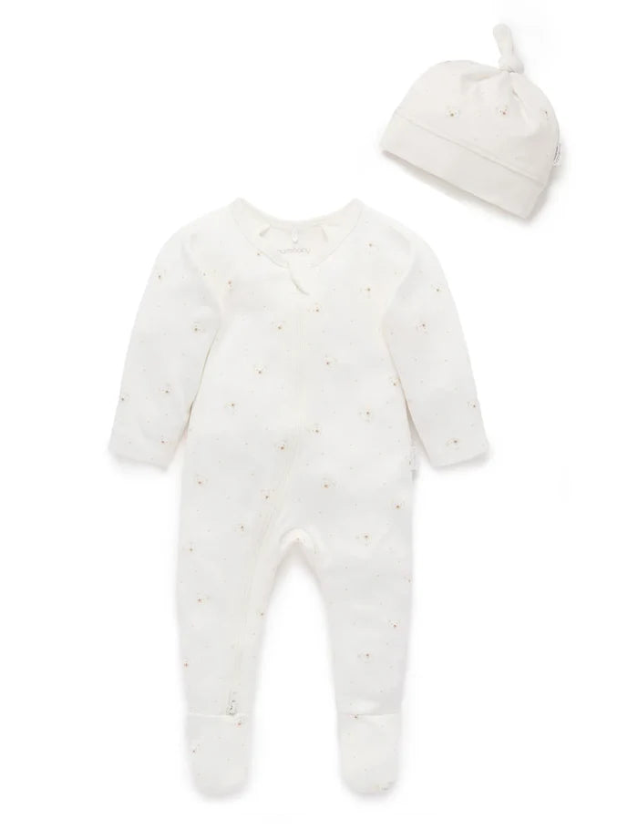 Purebaby - Zip Growsuit & Hat Set - Vanilla Bear