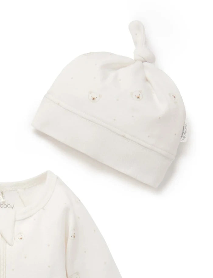 Purebaby - Zip Growsuit & Hat Set - Vanilla Bear