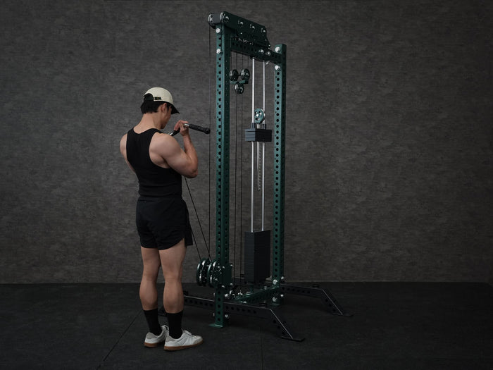 Gym Plus Revolving EZ Curl Bar Cable Attachment with Rubber Grips REV-CURL-BAR a man performing cable curls